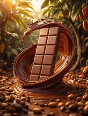 A professional and high-quality mockup of melting chocolate, perfect for advertising, graphic design, and social media use. This image is AI-generated and features a combination of warm lighting and a