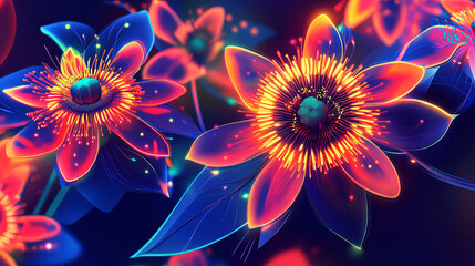 Futuristic glowing passion flowers in beautiful colors on a dark background