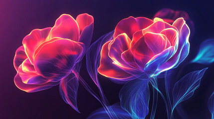 Futuristic glowing flowers in beautiful colors on a dark background