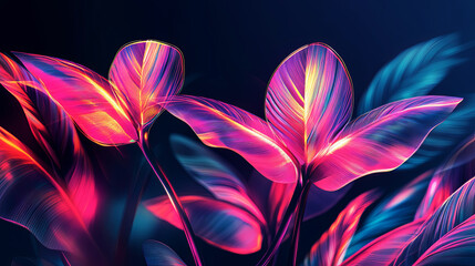 Futuristic glowing neon leaves in beautiful colors on a dark background