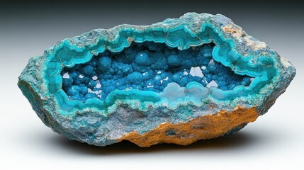 Blue mineral geode cavity crystal cluster closeup