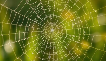 A dew-kissed spiderweb, glistening threads intricately woven, reflecting morning light, water droplets, delicate