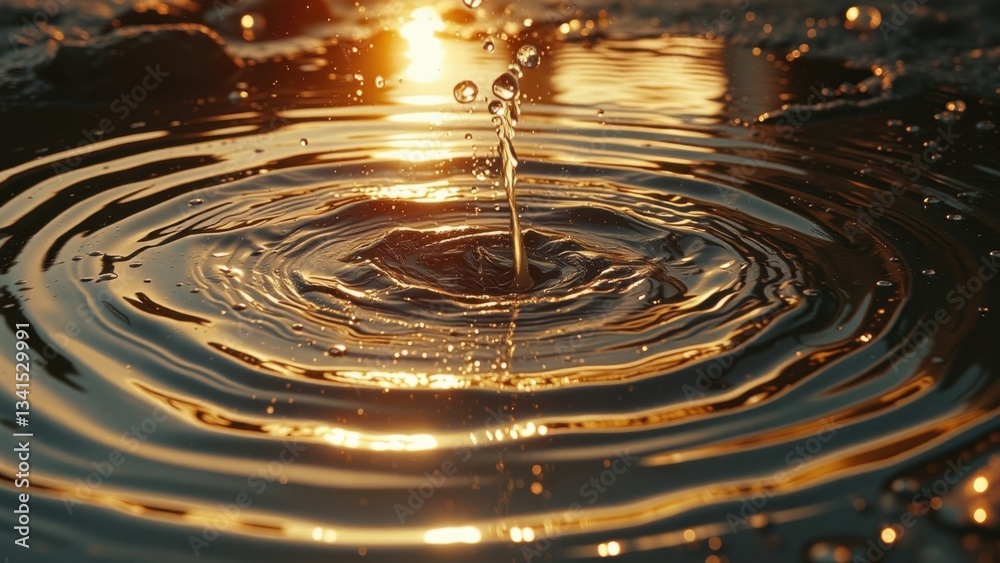 Poster A close-up of water droplets falling into the center of a puddle, creating ripples on the surface with golden sunlight reflected in the background.