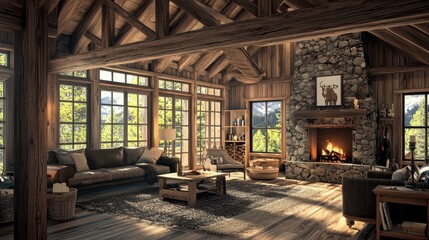 A rustic cabin interior with exposed wooden beams and a stone fireplace