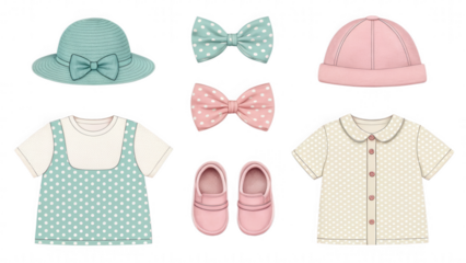 Illustration of children's clothing and accessories in pastel colors, including hats, shirts, and shoes.