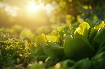 Fototapeta premium Crisp lettuce leaves basking in warm sunrise light,
