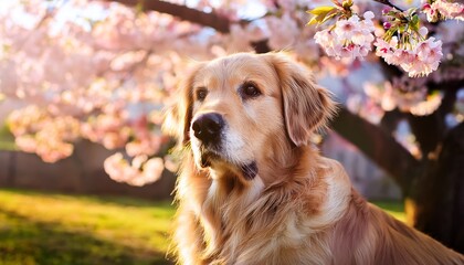桜とゴールデンレトリバー