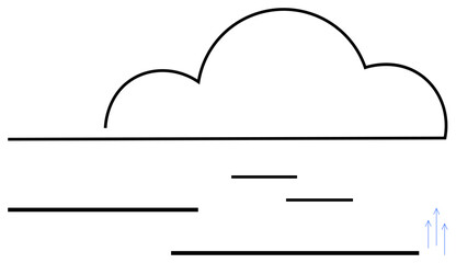Cloud outline above horizontal lines with small upward arrows symbolizing air circulation and motion. Ideal for weather, climate, airflow, data storage, simplicity, abstraction, flat simple metaphor