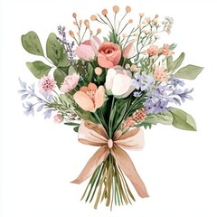 Obraz premium vintage Hand-Drawn hand-tied bouquet of roses, lilies, mixed spring flowers, tied with a ribbon, white background