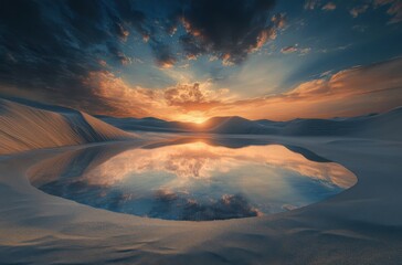 Desert oasis at sunset, peaceful waters like a mirror,