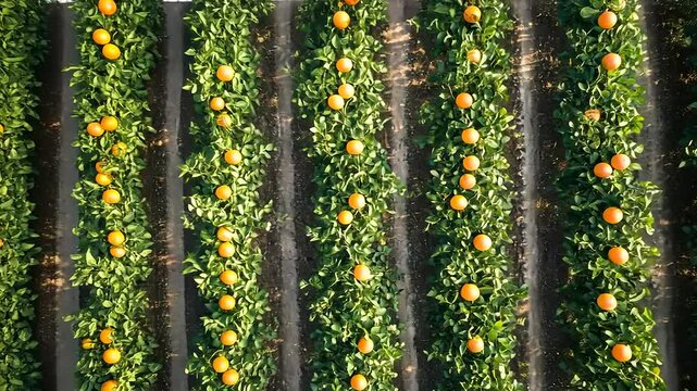 Aerial View of Lush Orange Grove: Rows of Citrus Trees Heavy with Ripe Fruit