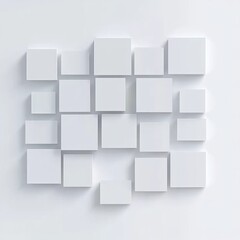 3D rendering of a simple white background with abstract cubes, a flat lay composition, in a minimalist style, with a white color theme, geometric shapes, soft shadows, and a light effect,