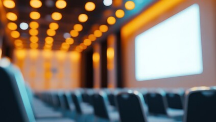 Blurry Conference Room with Empty Chairs and a Large Screen