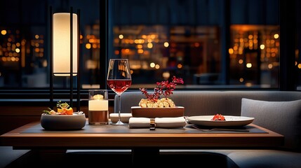 Elegant dining experience with wine, candle, and gourmet food in upscale restaurant setting at night