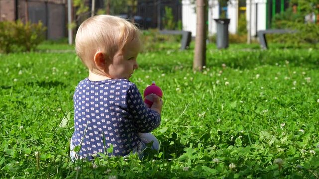 Blond toddler sits in a clover meadow on a sunny day, drinking from a sippy cup and exploring nature