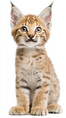 Fototapeta premium Woodland animals habitat hidden. A cute, fluffy lynx kitten with striking eyes and distinctive markings, sitting upright against a white background.
