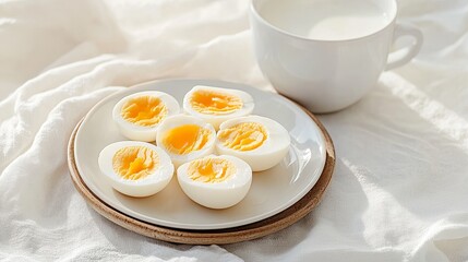 Healthy breakfast with boiled eggs perfect egg yolks and creamy milk in a cozy kitchen environment