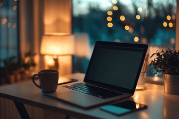 Fototapeta premium Modern Workspace with Laptop and Coffee