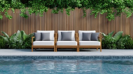 Fototapeta premium Modern Outdoor Seating Area by Swimming Pool Surrounded by Lush Greenery and Wooden Fence with Plants
