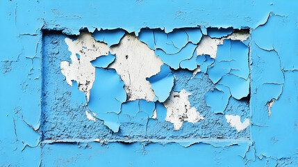 Obraz premium A close-up of a surface with bright blue paint peeling away to reveal lighter layers underneath. 