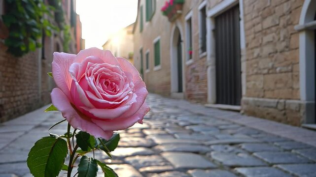 Beautiful pink rose in a quiet cobblestone street with charming buildings during golden hour