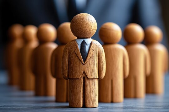 Wooden figurine representing leadership among a group of smaller figurines in a business setting highlighting concepts of teamwork and collaboration