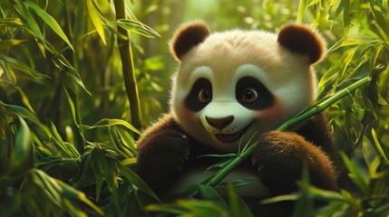Adorable Panda Cub Among Lush Green Bamboo