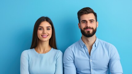 Young man and woman smiling together against a blue background