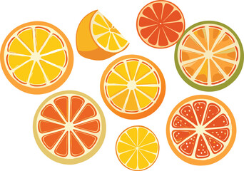 A cheerful and colorful pattern featuring various citrus fruit slices (orange, grapefruit, and lemon) against a plain white background.