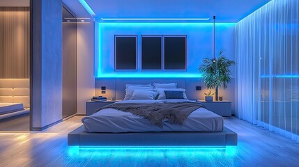A tech-savvy bedroom with integrated lighting and sound systems