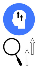 Human head silhouette with upward arrows symbolizes growth and ideas. Magnifying glass and arrows depict exploration, analysis, improvement, and progress. Ideal for business, education, innovation