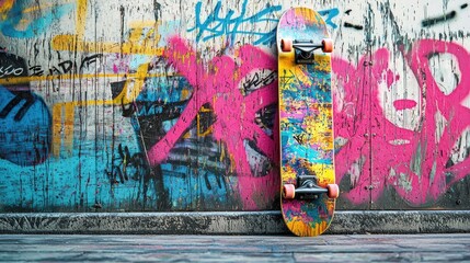 Fototapeta premium A colorful skateboard leaning against a graffiti-covered wall.