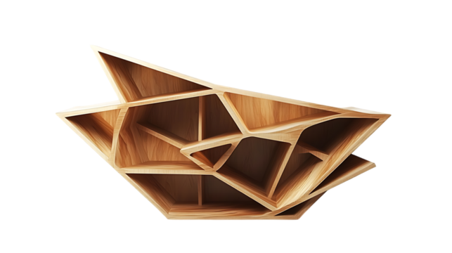Abstract wooden shelf is showcased against a black background