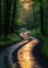Obraz premium A narrow road meandering through a dense enchanted forest with soft light peeking through leaves