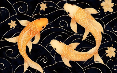 Elegant golden koi fish swimming in stylized swirling waves inspired by traditional Japanese ink art