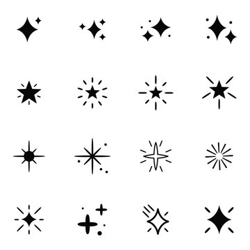 Collection of different vector sparkling stars icon, twinkle and brust, abstract shining flash symbols, glowing light effect, basic shapes geometric graphic elements