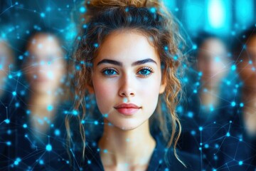 Fototapeta premium Portrait of a Young Woman with Curly Hair Surrounded by Abstract Digital Connections Representing Technology and Innovation in a Modern Environment