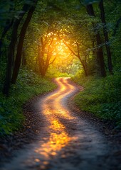 Obraz premium A narrow road meandering through a dense enchanted forest with soft light peeking through leaves