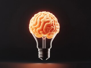 Light bulb glowing with brain inside, symbolizing the fusion of technology and human cognitive power, representing AI, digital transformation, and innovation