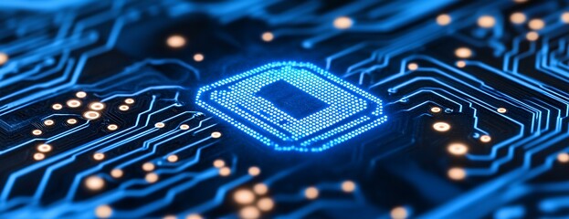 Macro View of Blue Printed Circuit Board with Illuminated Elements