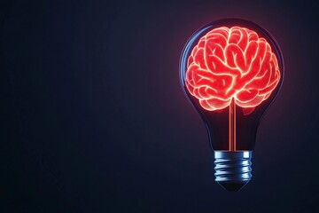 Conceptual light bulb with a glowing brain inside symbolizing the fusion of human intellect with artificial intelligence and digital transformation