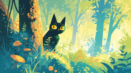 Cat in the forest cartoon colorful illustration