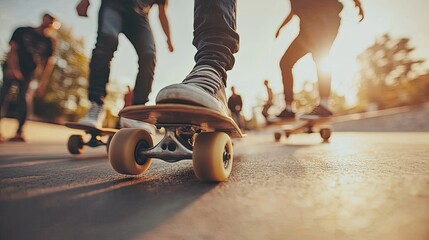 A group of friends skateboarding together on an urban street.
