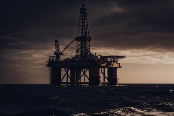 Offshore Oil Rig at Sunset Over the Ocean. High quality photo