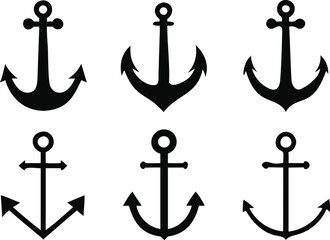 Six Simple Black Anchor Icons on White Background