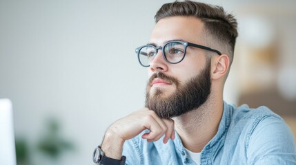 Fototapeta premium Thoughtful young man in glasses contemplating ideas at home office