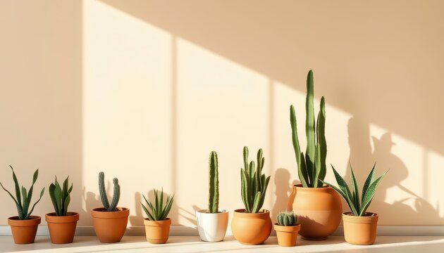 Beige wall, sunlit cacti & tropical plants in terracotta pots, minimalist home decor, interior,  sand