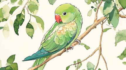 cute green parrot perched on the branch of a tree, with simple lines and watercolor details, children's book illustration style, warm colors and a pastel color palette, simple design and background