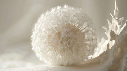 A close-up of a delicate white dandelion seed head on a soft background.