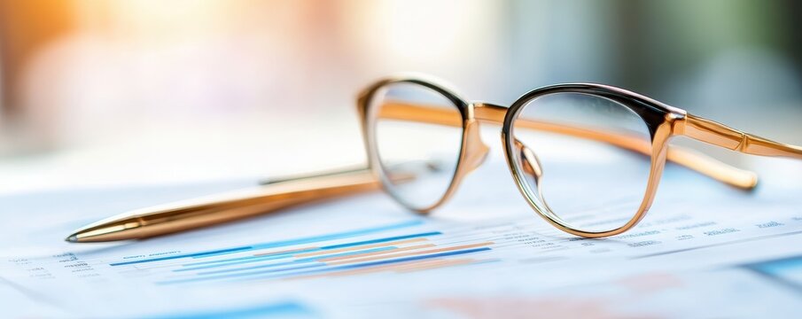A stylish pair of glasses rests on a document featuring colorful graphs and a golden pen, suggesting a professional or analytical setting.